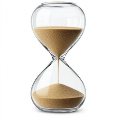 A classic hourglass filled with fine sand, showcasing its elegant shape and smooth glass design against a white background.
