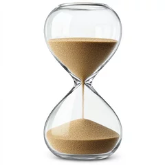 A classic hourglass filled with fine sand, showcasing its elegant shape and smooth glass design against a white background. © Vadim Pushenko