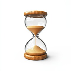 Naklejka premium A clear glass hourglass filled with golden sand on a wooden base, symbolizing the passage of time against a white background.