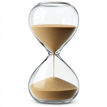 A classic hourglass filled with fine sand, showcasing its elegant shape and smooth glass design against a white background.