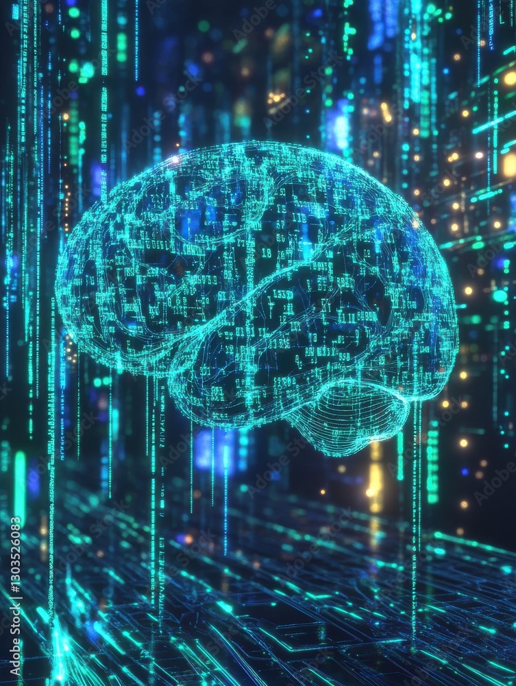 Poster futuristic render of a virtual brain composed of flowing data streams and digital code, glowing in n