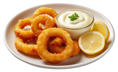 Plate of fried squid rings with lemon wedges and garlic sauce. Transparent background.