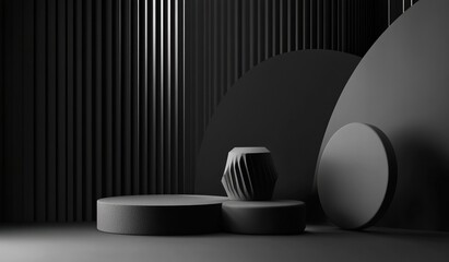 A minimalist black interior featuring geometric shapes and textured surfaces, creating a modern and stylish ambiance with a play of light and shadow.