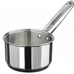 A shiny stainless steel saucepan with a long handle and two circular holes for hanging. It features a polished finish ideal for cooking.