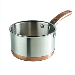 A sleek, stainless steel saucepan with a copper base and a comfortable, brown handle, perfect for cooking and kitchen use.