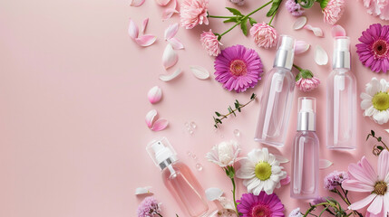 Floral arrangement with skincare bottles on soft pink background showcasing natural beauty products and fresh flowers