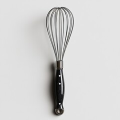 Fototapeta premium A stainless steel whisk with a black handle, elegantly displayed against a light background, perfect for culinary use or kitchen decor.