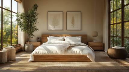 A cozy minimalistic bedroom with soft warm lighting, perfect relaxation space