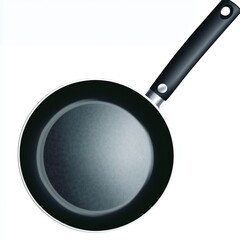 A top-down view of a black frying pan with a smooth surface and a sturdy black handle, set against a white background.