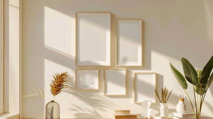Bright and airy interior featuring empty frames and plants during golden hour light at home