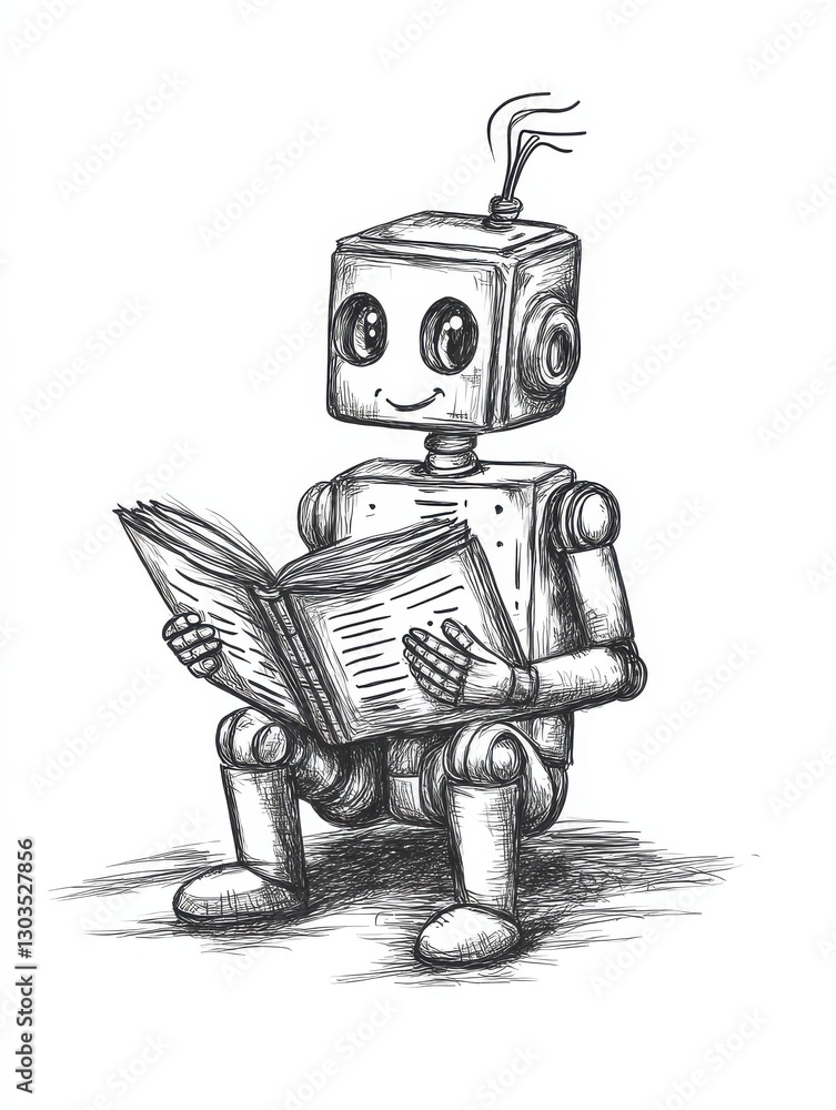 Poster robot reading book, lightbulb hand drawn outline doodle icon. artificial intelligence, machine learn