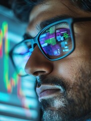 Young indian business man trader wearing glasses looking at computer screen with trading charts reflecting in eyeglasses watching stock trading market financial data growth concept, close up.