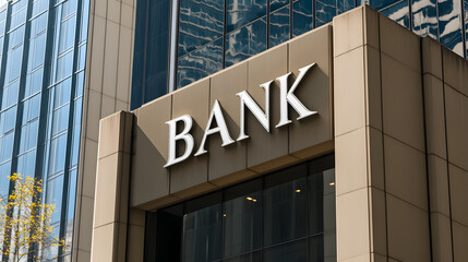 Obraz premium Architectural exterior shot of a bank with sunlight illuminating its entrance and windows. The skyscraper is the epitome of urban finance.