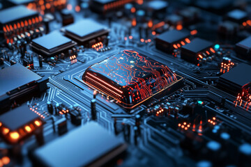 Obraz premium Electronic circuit board, digital background perfect for tech processes, neural networks, artificial intelligence, data transfer and encryption