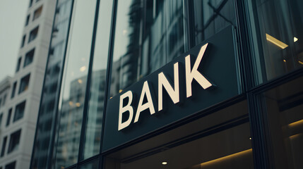 Bank Exterior: A modern bank building with a sign that spells out the word 'BANK'. Reflective glass reflects the urban cityscape. Business and finance concept.