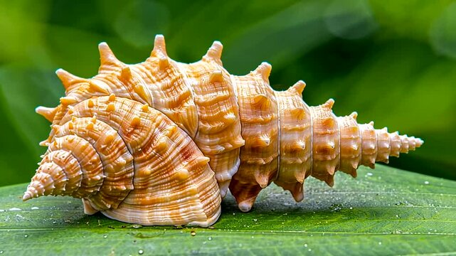 Close-up of a beautifully patterned shell resting on a green leaf in nature