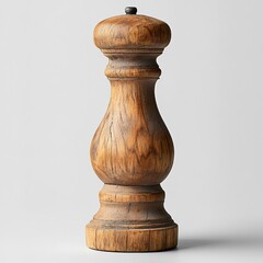 A wooden pepper mill with a traditional design, featuring a rounded top and a tapered body, set against a light gray background.