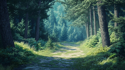 Serene forest path sunlight green trees nature woods pathway summer art calm road walk quiet trail
