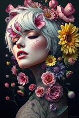 Floral Portrait: Woman with blooms adorning her face and hair, radiating beauty and natural grace.