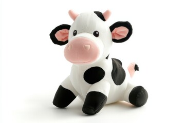 Charming plush cow toy resting on a clean white surface during a playful afternoon in a bright room isolated on transparent background