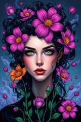 Floral Portrait: A woman's face framed by vibrant flowers, blending beauty with natural elegance.
