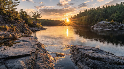 Scenic river landscape at sunset golden hour rays rocks nature sky view calm water trees image clouds