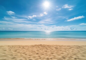 Obraz premium Serene Beach Scene with Clear Blue Sky, Gentle Waves, and Tranquil Sands Inviting Relaxation and Escape into Tropical Paradise