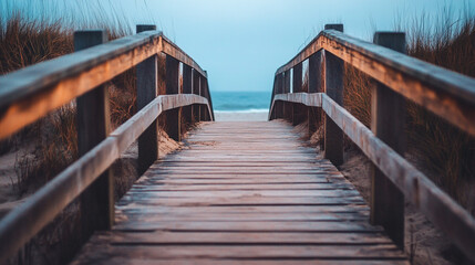 Wooden boardwalk path leading to tranquil ocean beach view serene summer landscape sea sky sand calm