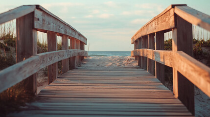 Obraz premium Serene wooden beach walkway leading to ocean view calm peaceful summer sunset scenery sea sky path