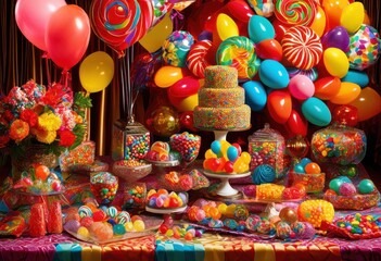 vibrant candy assortment displayed colorful linens creating fun festive atmosphere events celebrations, rainbow, lgbtq, lgbt, pride, love, equality, candies