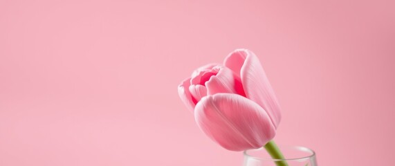 A delicate pink tulip on a pink background creates a soft and romantic floral image. Elegant simplicity.