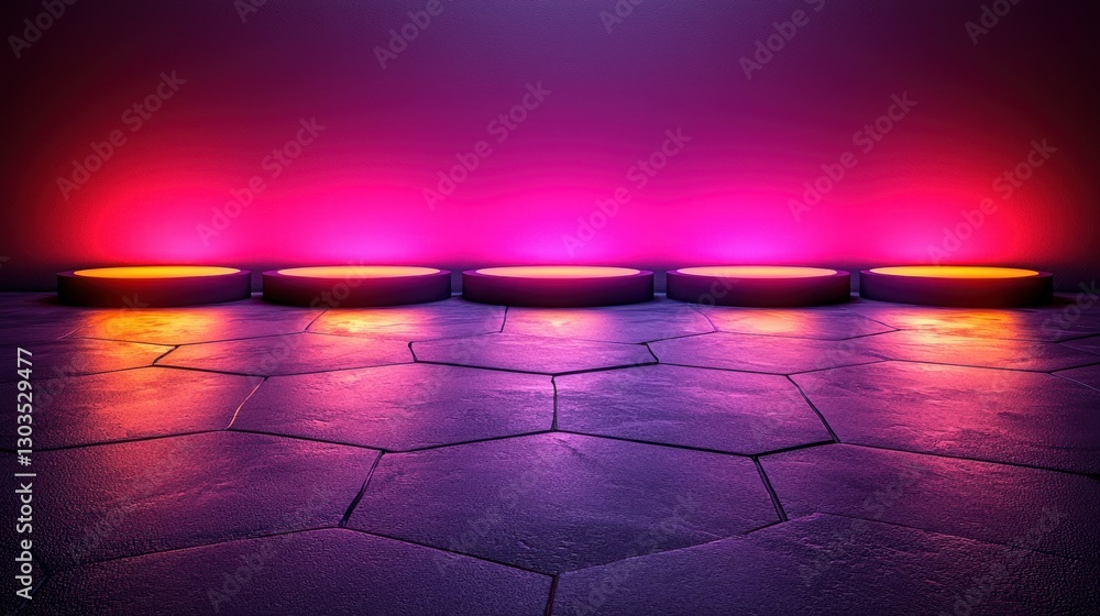 Aufkleber neon podiums on hexagonal patterned floor; glowing stage background