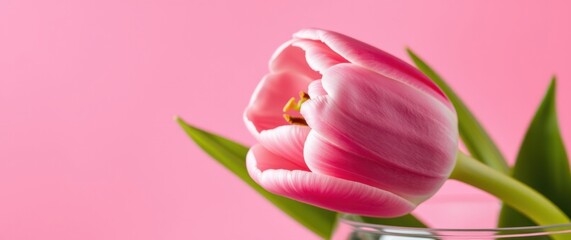 Fototapeta premium Elegant pink tulip blossom with delicate petals and green leaves, set against a soft pink backdrop.