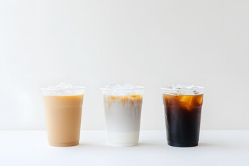Three iced coffee drinks in clear plastic cups on a white surface: a coffee with milk, a latte, and an iced black coffee. Coffee shop refreshment.
