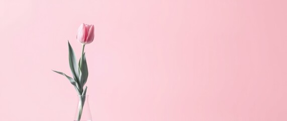 Naklejka premium Elegant pink tulip, softly lit against matching backdrop, exudes simple beauty and springtime charm.