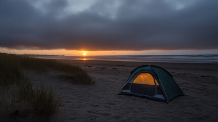 Camping spot in the low sun at the ocean shores