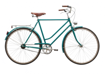 A classic retro style teal bicycle with a leather saddle curved handlebars and a rear luggage rack isolated on transparent background