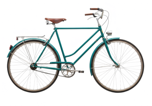 A classic retro style teal bicycle with a leather saddle curved handlebars and a rear luggage rack isolated on transparent background