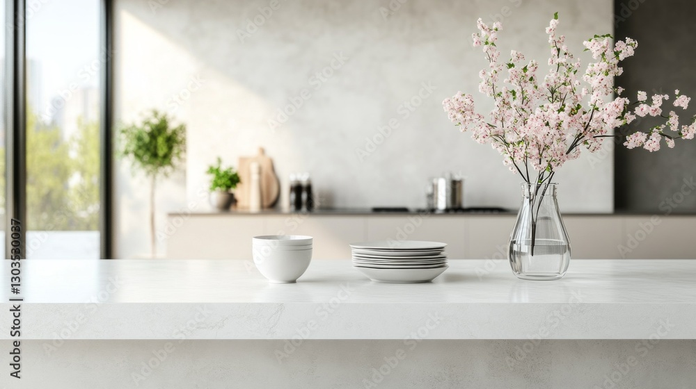 Poster Sunlight streams through large windows, illuminating a stylish kitchen featuring simple white plates, a small bowl, and a charming vase of cherry blossoms, creating a serene atmosphere