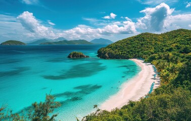Serene beach view with turquoise waters, lush greenery, and gentle waves under a bright blue sky, perfect for vacation and relaxation in nature's paradise