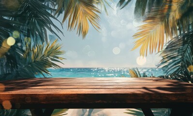 Fototapeta premium Serene Beach View with Wooden Table Surrounded by Tropical Plants Ideal for Relaxation and Vacation Imagery in Bright Sunshine and Ocean Scenery