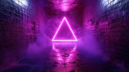 Neon triangle glows in a damp brick alleyway