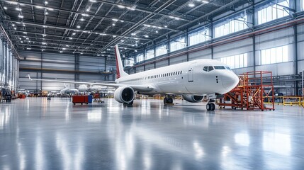 Airplane Inside Modern Hangar with Bright Natural Light and Space