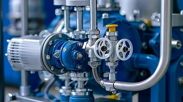 Close-up of a blue industrial pump with valves and pipes in a factory setting