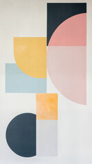 An abstract geometric arrangement of semi-circles and squares in pastel, warm, and cool tones.