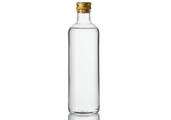 A tall elegant glass bottle filled with clear water sealed with a cork isolated on transparent background