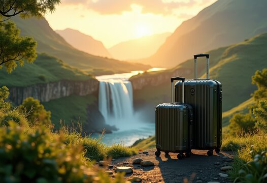 travel luggage set vibrant scenic backdrops highlighting beauty journeying through diverse landscapes, backpacks, bags, suitcases, gear, accessories