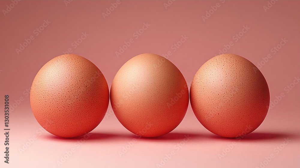 Poster three brown eggs arranged in a row on a soft pink background, emphasizing simplicity and freshness