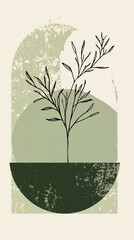 A botanical illustration inside an abstract arch, featuring a delicate plant silhouette with earthy tones.