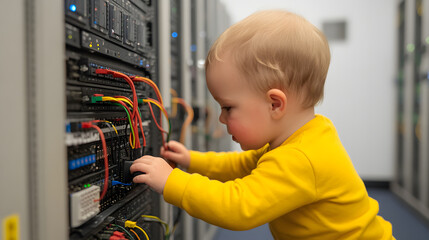 Child explores server room: A young child in a yellow shirt interacts with server cables and equipment in a server room, showcasing curiosity in a technical environment.